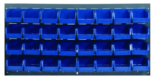 The Quantum Louvered Panel is a 36L x 8D x 19H wall mount with 32 blue Qus220 bins, arranged on heavy-duty gray enamel-coated steel.