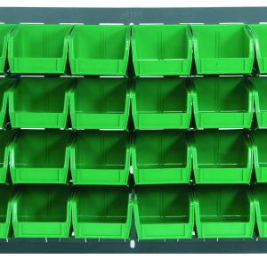 The Quantum Louvered Panel, wall-mounted and measuring 36L x 8D x 19H, features a gray enamel-coated heavy-duty steel frame with 32 clear QUS220 bins. Ideal for organizing tools or small parts, the panel offers easy access and efficient storage (mounting hardware not included).