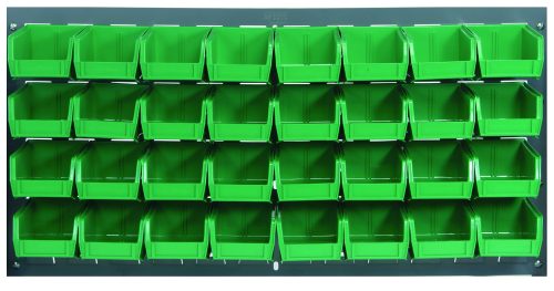 The Quantum Louvered Panel, wall-mounted and measuring 36L x 8D x 19H, features a gray enamel-coated heavy-duty steel frame with 32 clear QUS220 bins. Ideal for organizing tools or small parts, the panel offers easy access and efficient storage (mounting hardware not included).