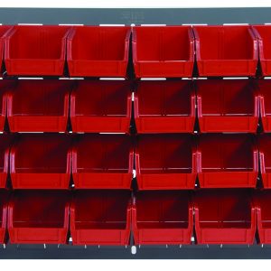 The Quantum Louvered Panel is a wall-mounted organizer with clear bins, measuring 36L x 8D x 19H. It includes (32) QUS220 bins on a heavy-duty 16-gauge cold rolled steel backing with a gray enamel finish, ideal for small tools or hardware storage. Mounting hardware not included.