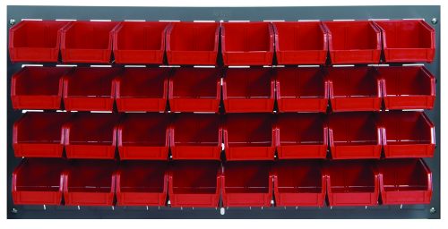 QLP-3619-220-32_RD.jpg The Quantum Louvered Panel is a wall-mounted organizer with clear bins, measuring 36L x 8D x 19H. It includes (32) QUS220 bins on a heavy-duty 16-gauge cold rolled steel backing with a gray enamel finish, ideal for small tools or hardware storage. Mounting hardware not included.