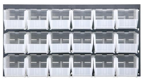 QLP-3619-230-18CL20.jpg The Quantum Louvered Panel is a wall-mounted rack made of heavy-duty 16-gauge cold-rolled steel with a gray enamel finish. It measures 36L x 11D x 19H and includes 18 clear Qus230 bins, perfect for organizing and maximizing space.