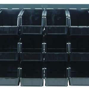 The Quantum Louvered Panel, a wall-mounted storage rack made of heavy-duty 16 gauge cold rolled steel with a gray enamel finish, features an 18-bin setup (Qus230 bins) and measures 36L x 11D x 19H for efficient space organization. Mounting hardware not included.