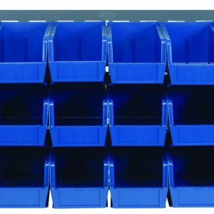 The Quantum Louvered Panel is a wall-mounted rack measuring 36L x 11D x 19H with a gray enamel finish. It includes eighteen blue Qus230 bins, crafted from heavy-duty 16-gauge cold rolled steel. Mounting hardware is not included.