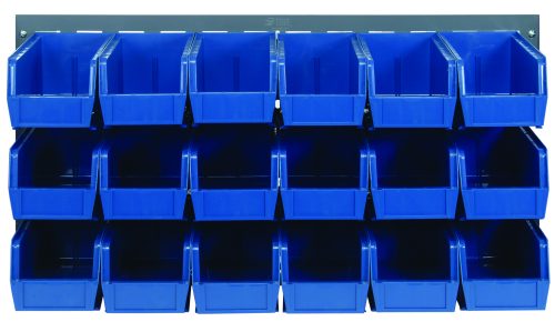 The Quantum Louvered Panel is a wall-mounted rack measuring 36L x 11D x 19H with a gray enamel finish. It includes eighteen blue Qus230 bins, crafted from heavy-duty 16-gauge cold rolled steel. Mounting hardware is not included.