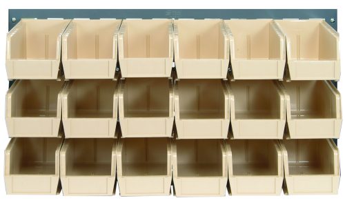 The Quantum Louvered Panel, wall-mounted at 36L x 11D x 19H, includes 18 clear Qus230 bins on a heavy-duty 16-gauge cold rolled steel panel with a gray enamel finish, offering easy top access and slight tilt for organized small item storage. (Mounting hardware not included).