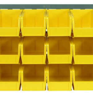 The Quantum Louvered Panel is a 36L x 11D x 19H wall-mounted organizer with (18) clear QUS230 bins on four rows, made of heavy-duty 16-gauge cold-rolled steel with a gray enamel finish. Perfect for convenient access to small items or tools. Note: Mounting hardware not included.