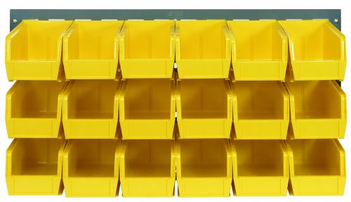 The Quantum Louvered Panel is a 36L x 11D x 19H wall-mounted organizer with (18) clear QUS230 bins on four rows, made of heavy-duty 16-gauge cold-rolled steel with a gray enamel finish. Perfect for convenient access to small items or tools. Note: Mounting hardware not included.