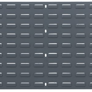 The Quantum Louvered Panel is wall-mounted, measuring 36L x 19H, made from heavy-duty 16-gauge cold rolled steel with a gray enamel coated finish. It features a rectangular gray metal design with evenly spaced indentations and center row holes, showcasing a sleek matte surface. Mounting hardware not included.