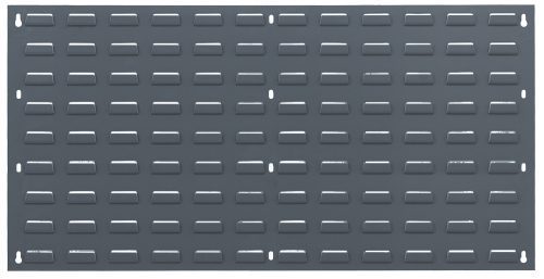 The Quantum Louvered Panel is wall-mounted, measuring 36L x 19H, made from heavy-duty 16-gauge cold rolled steel with a gray enamel coated finish. It features a rectangular gray metal design with evenly spaced indentations and center row holes, showcasing a sleek matte surface. Mounting hardware not included.