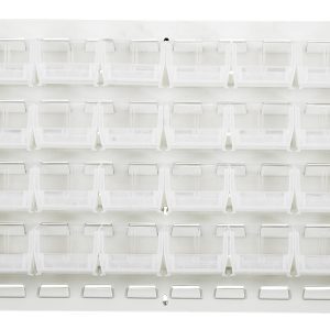 The Quantum Louvered Panel is a wall-mounted organizer measuring 36L x 6D x 19H, made from heavy-duty 16 gauge cold rolled steel with an oyster white enamel finish. It includes 32 QUS210 clear bins for stylish and durable small item organization. (Mounting hardware not included.).