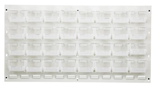 QLP-3619HC-210-32CL.jpg The Quantum Louvered Panel is a wall-mounted organizer measuring 36L x 6D x 19H, made from heavy-duty 16 gauge cold rolled steel with an oyster white enamel finish. It includes 32 QUS210 clear bins for stylish and durable small item organization. (Mounting hardware not included.).