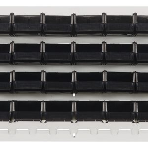 The Quantum Louvered Panel is a wall-mounted 36L x 6D x 19H rack made of heavy-duty 16 gauge cold rolled steel with an oyster white enamel finish, featuring four rows of black QUS210 bins for organization. (Mounting hardware not included.).