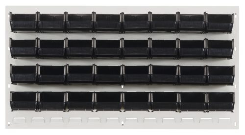 QLP-3619HC-210-32_BK.jpg The Quantum Louvered Panel is a wall-mounted 36L x 6D x 19H rack made of heavy-duty 16 gauge cold rolled steel with an oyster white enamel finish, featuring four rows of black QUS210 bins for organization. (Mounting hardware not included.).