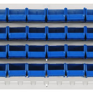 The Quantum Louvered Panel, wall-mounted, 36L x 6D x 19H, features an oyster white enamel-coated finish and includes 32 QUS210 blue bins. Its crafted from heavy-duty 16 gauge cold rolled steel. (Mounting hardware not included.).