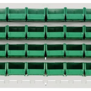 The Quantum Louvered Panel, 36L x 6D x 19H, features an oyster white enamel finish and includes (32) QUS210 clear bins. Made from heavy-duty 16-gauge cold-rolled steel, its perfect for organized storage. Note: Mounting hardware not included.