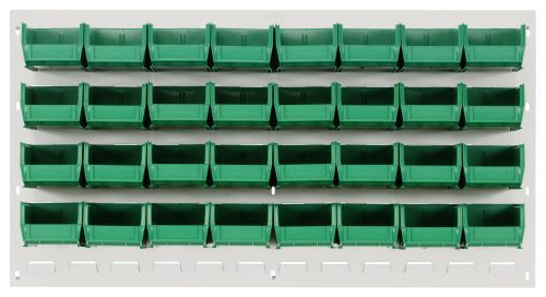 The Quantum Louvered Panel, 36L x 6D x 19H, features an oyster white enamel finish and includes (32) QUS210 clear bins. Made from heavy-duty 16-gauge cold-rolled steel, its perfect for organized storage. Note: Mounting hardware not included.