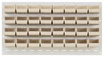 The Quantum Louvered Panel, 36L x 6D x 19H, is a sturdy beige storage solution with an oyster white enamel finish. It features four rows of eight clear Qus210 bins and a heavy-duty steel build, offering organized convenience when wall-mounted.