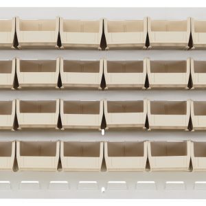 The Quantum Louvered Panel, 36L x 6D x 19H, is a sturdy beige storage solution with an oyster white enamel finish. It features four rows of eight clear Qus210 bins and a heavy-duty steel build, offering organized convenience when wall-mounted.