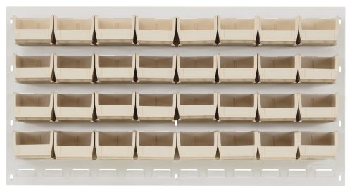 The Quantum Louvered Panel, 36L x 6D x 19H, is a sturdy beige storage solution with an oyster white enamel finish. It features four rows of eight clear Qus210 bins and a heavy-duty steel build, offering organized convenience when wall-mounted.