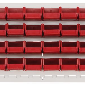 The Quantum Louvered Panel is a 36L x 6D x 19H wall-mounted storage rack with an oyster white enamel finish, featuring a heavy-duty 16-gauge cold-rolled steel frame. It includes 32 clear Qus210 bins, arranged in four rows for optimal organization (mounting hardware not included).