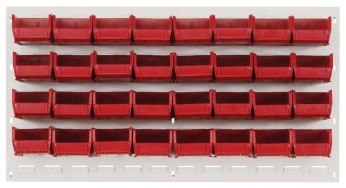 The Quantum Louvered Panel is a 36L x 6D x 19H wall-mounted storage rack with an oyster white enamel finish, featuring a heavy-duty 16-gauge cold-rolled steel frame. It includes 32 clear Qus210 bins, arranged in four rows for optimal organization (mounting hardware not included).