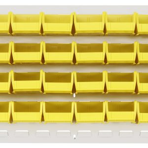 The Quantum Louvered Panel is a wall-mounted organizer with four rows of 32 clear bins on an oyster white enamel-coated steel panel, perfect for organizing small items in a workshop or garage. Dimensions: 36L x 6D x 19H. Mounting hardware not included.