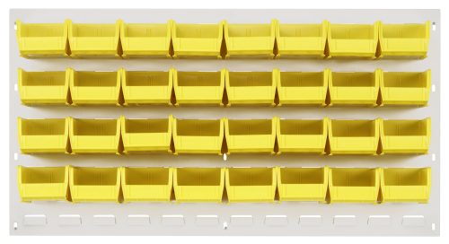 QLP-3619HC-210-32_YL.jpg The Quantum Louvered Panel is a wall-mounted organizer with four rows of 32 clear bins on an oyster white enamel-coated steel panel, perfect for organizing small items in a workshop or garage. Dimensions: 36L x 6D x 19H. Mounting hardware not included.