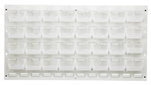 QLP-3619HC-220-32CL.jpg The Quantum Louvered Panel, in oyster white enamel, is 36L x 8D x 19H. It features 32 clear Qus220 bins for easy visibility and access. Made from heavy-duty 16-gauge cold rolled steel, it has holes for wall mounting (hardware not included).