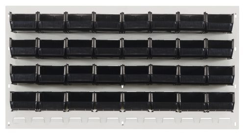 QLP-3619HC-220-32_BK.jpg The Quantum Louvered Panel is a 36L x 8D x 19H wall-mounted storage system, made of heavy-duty 16 gauge cold rolled steel with an oyster white enamel finish. It includes 32 black QUS220 bins for organized, accessible storage. Mounting hardware not included.