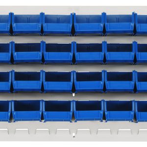 The Quantum Louvered Panel is wall-mounted, measuring 36L x 8D x 19H, featuring heavy-duty 16-gauge cold-rolled steel in an oyster white enamel finish, and includes 40 Qus220 blue bins, open-front for easy access. *(Mounting hardware not included.)*.