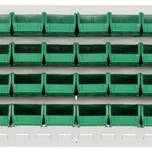 The Quantum Louvered Panel is a wall-mounted organizer made of heavy-duty 16-gauge cold rolled steel with an oyster white enamel finish, measuring 36L x 8D x 19H, and includes thirty-two open-top clear bins (Qus220) for small item storage. (Mounting hardware not included.).