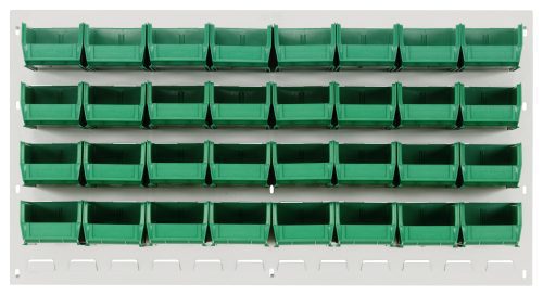 QLP-3619HC-220-32_GN.jpg The Quantum Louvered Panel is a wall-mounted organizer made of heavy-duty 16-gauge cold rolled steel with an oyster white enamel finish, measuring 36L x 8D x 19H, and includes thirty-two open-top clear bins (Qus220) for small item storage. (Mounting hardware not included.).