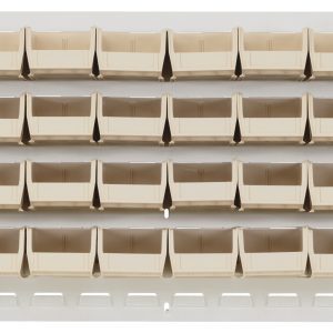 The Quantum Louvered Panel, a 36L x 8D x 19H wall-mounted unit made of heavy-duty 16-gauge cold-rolled steel with an oyster white enamel finish, includes (32) clear QUS220 bins. It has mounting holes at each corner for easy installation but doesnt include hardware.