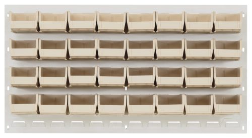 QLP-3619HC-220-32_IV.jpg The Quantum Louvered Panel, a 36L x 8D x 19H wall-mounted unit made of heavy-duty 16-gauge cold-rolled steel with an oyster white enamel finish, includes (32) clear QUS220 bins. It has mounting holes at each corner for easy installation but doesnt include hardware.