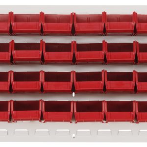 The Quantum Louvered Panel is a wall-mounted storage system with a sturdy oyster white enamel finish, made from heavy-duty 16 gauge cold rolled steel. It measures 36L x 8D x 19H and includes clear bins (32 Qus220). Mounting hardware is not included.