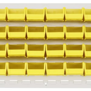 The Quantum Louvered Panel, in an oyster white enamel finish, is made from heavy-duty 16 gauge cold-rolled steel and measures 36L x 8D x 19H. It holds 32 clear QUS220 bins for efficient wall-mounted storage (mounting hardware not included).