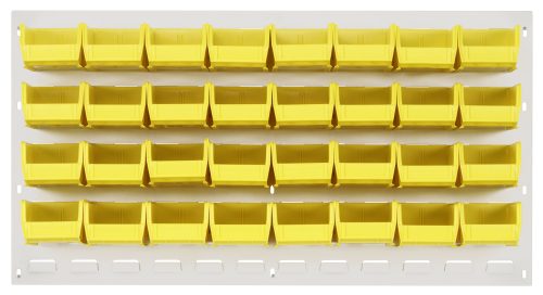 The Quantum Louvered Panel, in an oyster white enamel finish, is made from heavy-duty 16 gauge cold-rolled steel and measures 36L x 8D x 19H. It holds 32 clear QUS220 bins for efficient wall-mounted storage (mounting hardware not included).