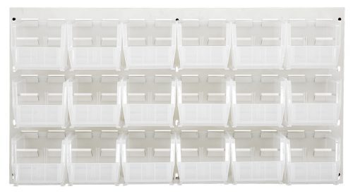 The Quantum Louvered Panel, 36L x 11D x 19H, is wall-mounted with an oyster white enamel finish. It holds 18 uniform QUS230 clear bins in three rows, ideal for small items storage, and beautifully accentuates the transparent containers.