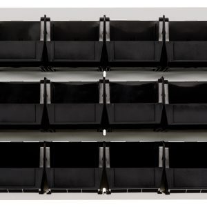 The Quantum Louvered Panel, wall-mounted and sized at 36L x 11D x 19H, includes 18 black QUS230 bins. Made from heavy-duty 16-gauge cold-rolled steel with an oyster white enamel finish, its ideal for organizing tools or small items on a plain wall. (Mounting hardware not included).