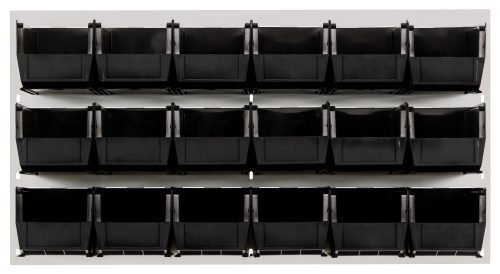 The Quantum Louvered Panel, wall-mounted and sized at 36L x 11D x 19H, includes 18 black QUS230 bins. Made from heavy-duty 16-gauge cold-rolled steel with an oyster white enamel finish, its ideal for organizing tools or small items on a plain wall. (Mounting hardware not included).