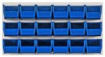 Eighteen QUS230 blue bins are arranged on a 36L x 11D x 19H Quantum Louvered Panel, crafted from heavy-duty 16-gauge cold rolled steel with an oyster white enamel finish, ideal for organizing small parts or tools.