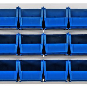 Eighteen QUS230 blue bins are arranged on a 36L x 11D x 19H Quantum Louvered Panel, crafted from heavy-duty 16-gauge cold rolled steel with an oyster white enamel finish, ideal for organizing small parts or tools.