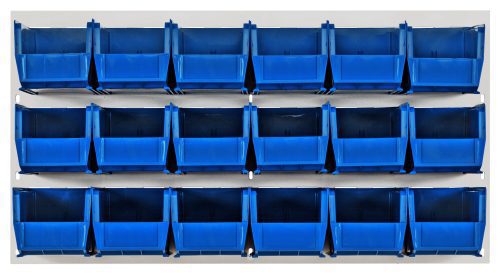 Eighteen QUS230 blue bins are arranged on a 36L x 11D x 19H Quantum Louvered Panel, crafted from heavy-duty 16-gauge cold rolled steel with an oyster white enamel finish, ideal for organizing small parts or tools.