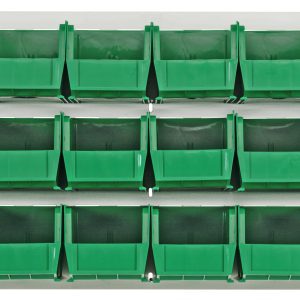 The Quantum Louvered Panel is a 36L x 11D x 19H wall-mounted organizer with 18 clear Qus230 bins. Open-topped and set against an oyster white enamel-coated heavy-duty 16-gauge cold-rolled steel backing, it offers durable storage (mounting hardware not included).