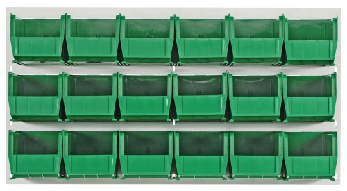 The Quantum Louvered Panel is a 36L x 11D x 19H wall-mounted organizer with 18 clear Qus230 bins. Open-topped and set against an oyster white enamel-coated heavy-duty 16-gauge cold-rolled steel backing, it offers durable storage (mounting hardware not included).