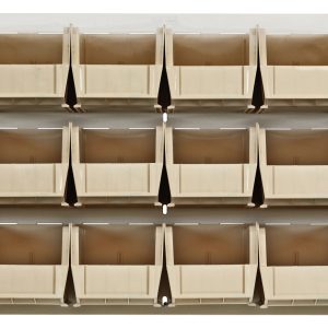 The Quantum Louvered Panel in oyster white, measuring 36L x 11D x 19H, includes 18 clear Qus230 bins. Mounted on the wall and made from heavy-duty 16 gauge cold-rolled steel, it offers a utilitarian storage solution perfect for organizing small items in workshops or garages.