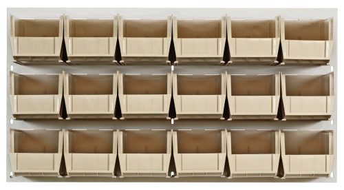 The Quantum Louvered Panel in oyster white, measuring 36L x 11D x 19H, includes 18 clear Qus230 bins. Mounted on the wall and made from heavy-duty 16 gauge cold-rolled steel, it offers a utilitarian storage solution perfect for organizing small items in workshops or garages.