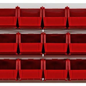 The Quantum Louvered Panel, measuring 36L x 11D x 19H, has an oyster white enamel finish and holds 18 clear Qus230 bins. Perfectly aligned on heavy-duty cold-rolled steel, its ideal for organizing small items. (Mounting hardware not included.).