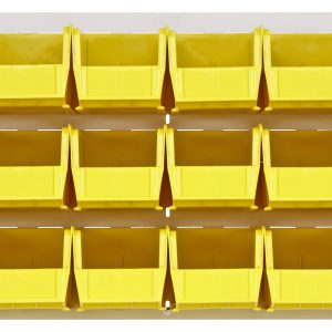 The Quantum 36x11x19 louvered panel is made of heavy-duty 16 gauge cold rolled steel with an oyster white enamel finish. It holds (18) QUS230 clear bins in four rows for easy access and robust organization but does not include mounting hardware.